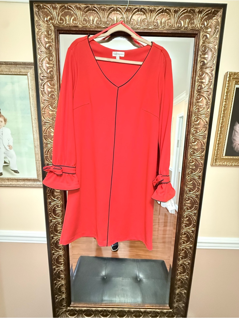 Neiman Marcus Coral Red Blouse with Black Trim